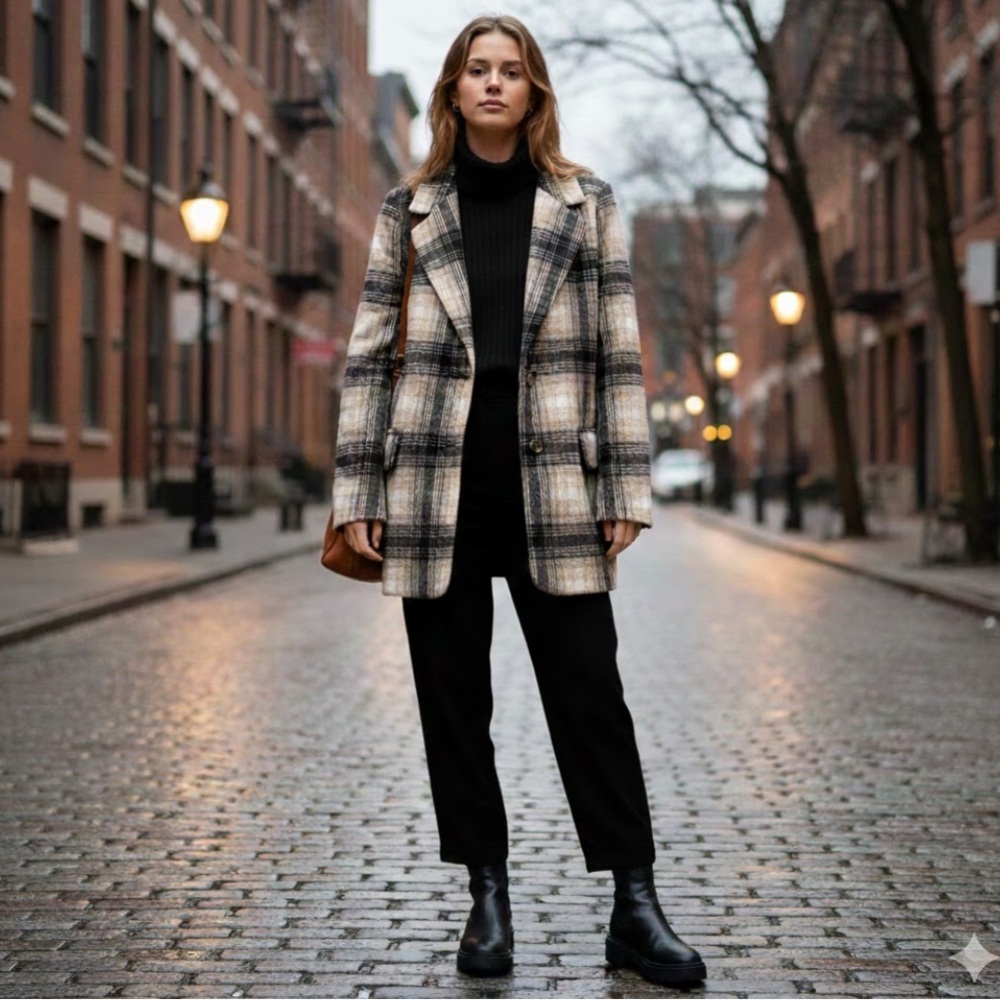 Black and Cream Plaid Blazer